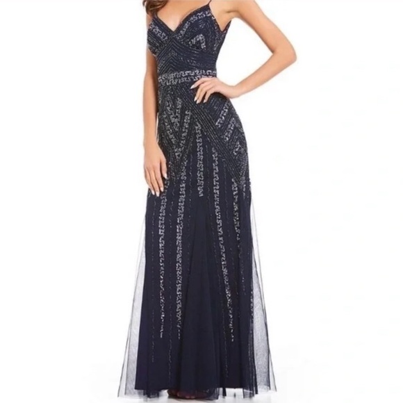 Marina Beaded Sequined Navy V-Neck Gown Dress 16 - Picture 2 of 16